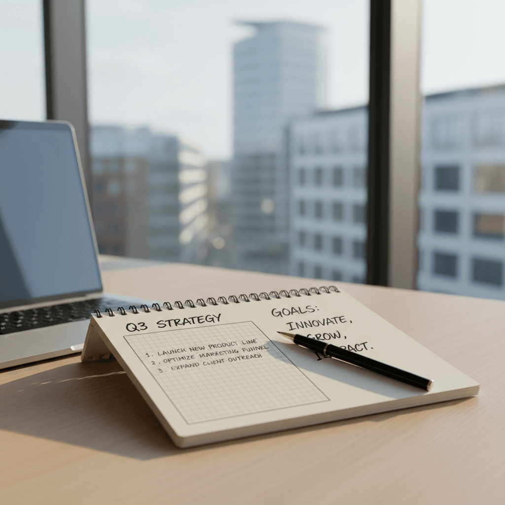 Strukturierte Planungsdokumentation mit Notizbuch und Stift auf einem minimalistischen Schreibtisch