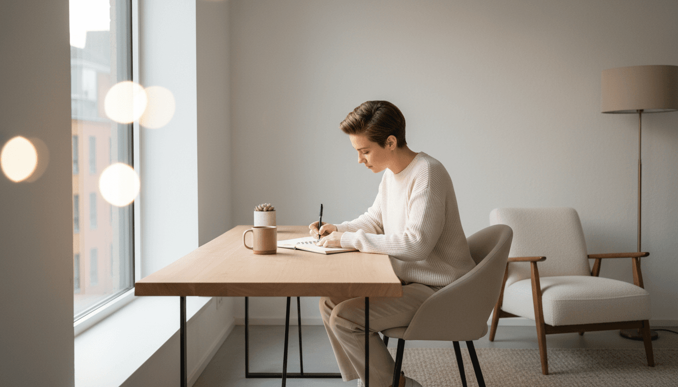 Person working at a desk with purpose, planning and taking action toward their goals