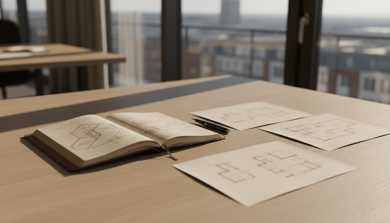 Wooden desk with planning notebook and architectural sketches in natural morning light