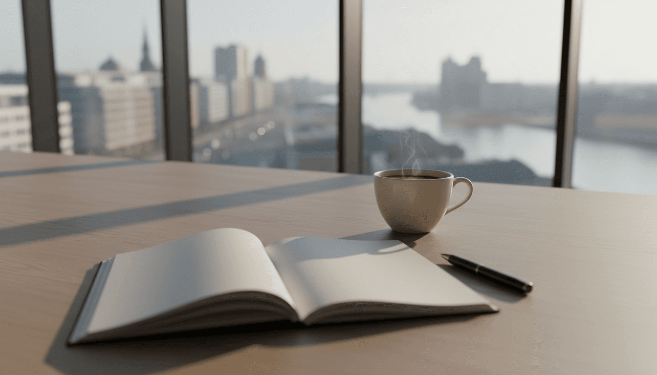 Professioneller Arbeitsplatz mit Notizbuch und Kaffee bei natürlichem Licht