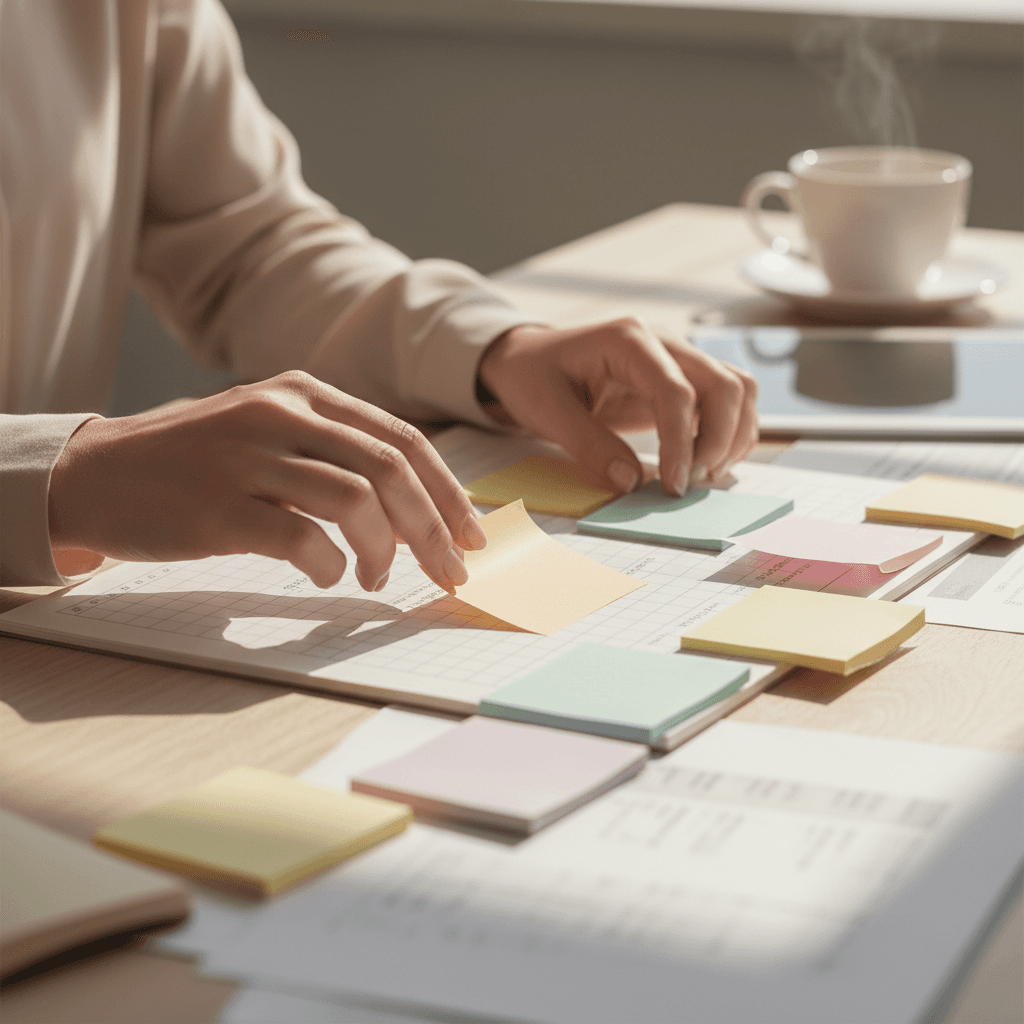 Strukturiertes Planen mit Notizen und Dokumenten auf dem Schreibtisch