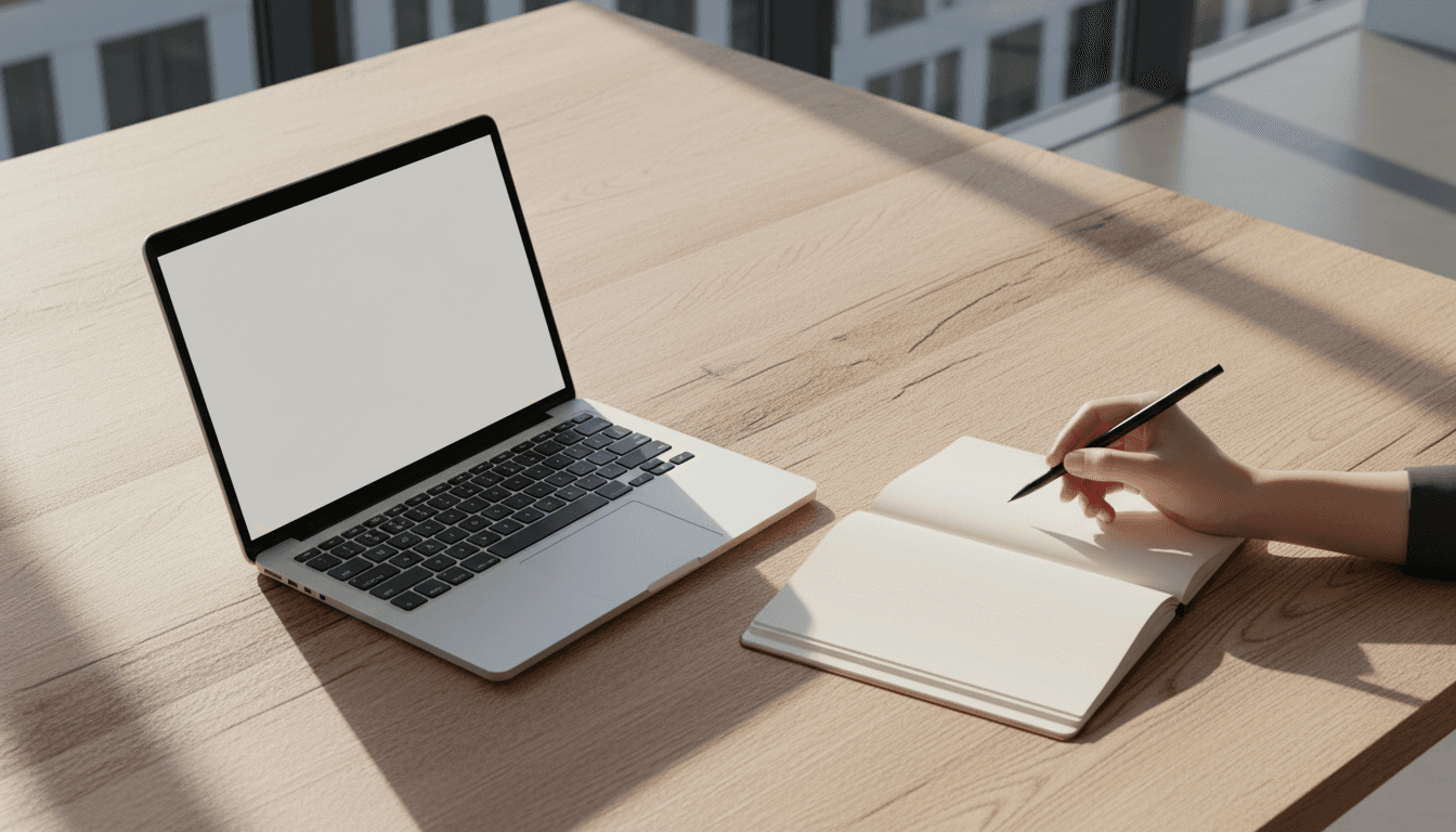 Professioneller Arbeitsbereich mit Notizbuch und Stift auf Holzschreibtisch, natürliches Licht