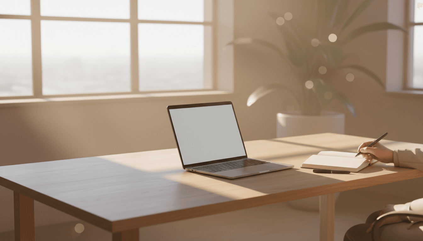 Ordentlicher Arbeitsbereich mit minimalistischem Design und natürlichem Licht